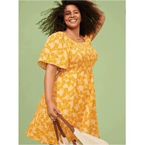 Terra & Sky Womens 0X 14W Orange Floral Smocked Flutter Sleeve Cotton Dress NWT